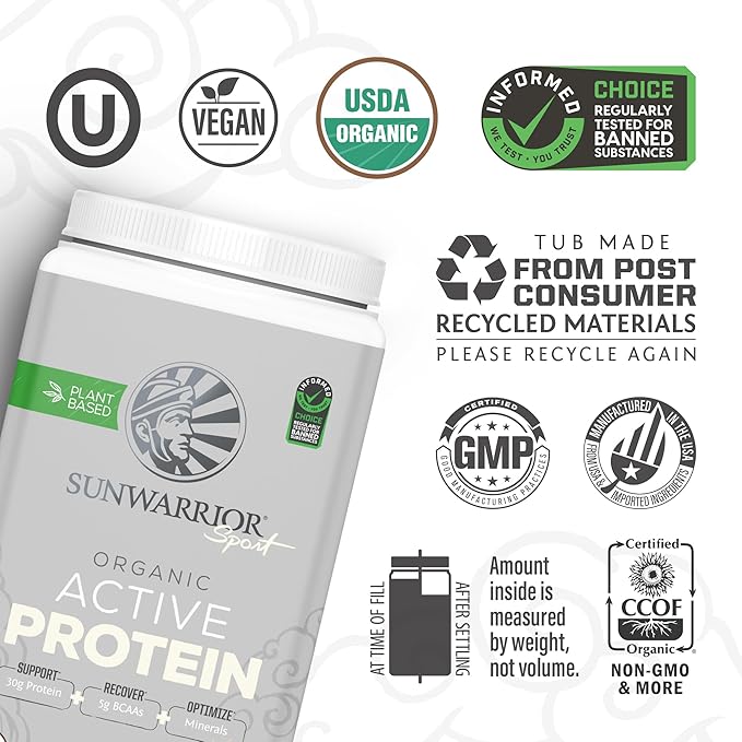Sunwarrior Organic Plant Based Protein Powder | Vegan Organic Protein Powder with BCAA Amino Acids Plus Recovery Minerals & Botanicals | Non-GMO Soy Dairy & Gluten Free (Cake Batter, 20 Servings)