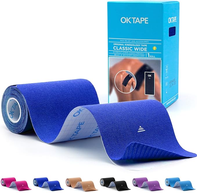 OK TAPE Extra Wide Kinesiology Tape, Precut K Tape Strips, Elastic Physical Therapy Athletic Tape for Pain Relief & Joint Support | Back, Shoulder, Knee (4" x 10" - 10Pcs) Navy Blue