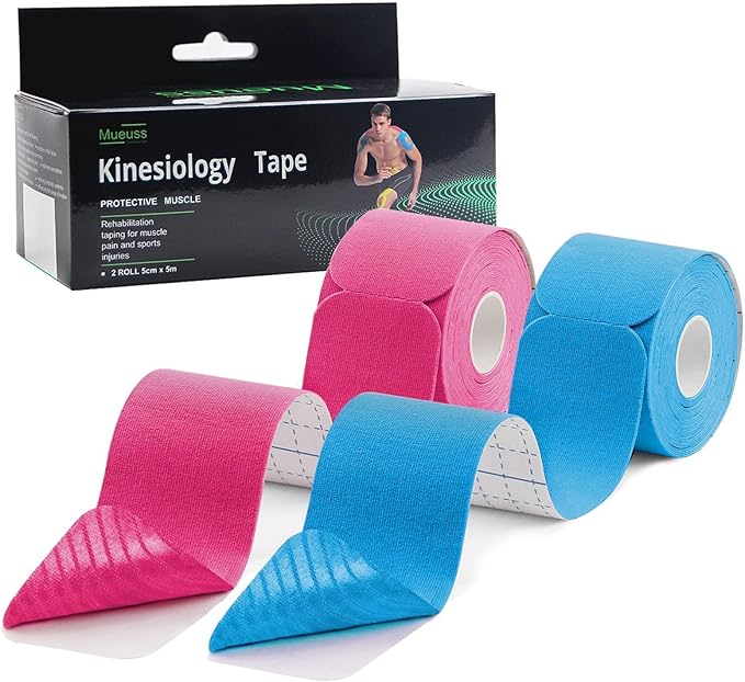 MUEUSS Kinesiology Tape Elastic Cotton Athletic Tape Precut Strips,Waterproof Tape for Protects Muscles,Knees,Shoulders Plantar Fasciitis Pain Relief,Pregnancy Belly Tape (2rolls Pink&Blue)