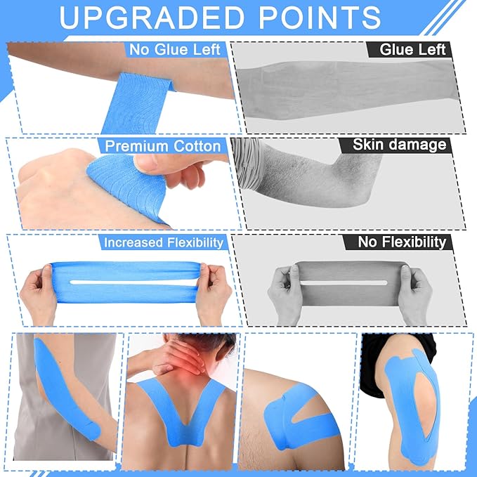 12 Pcs Precut Kinesiology Tape for Knees Waterproof Sport Knee Tape Elastic Breathable Latex-Free Athletic Tape Knee Pain Relief Tape for Knee Tendons Support Strips Fitness (Blue)