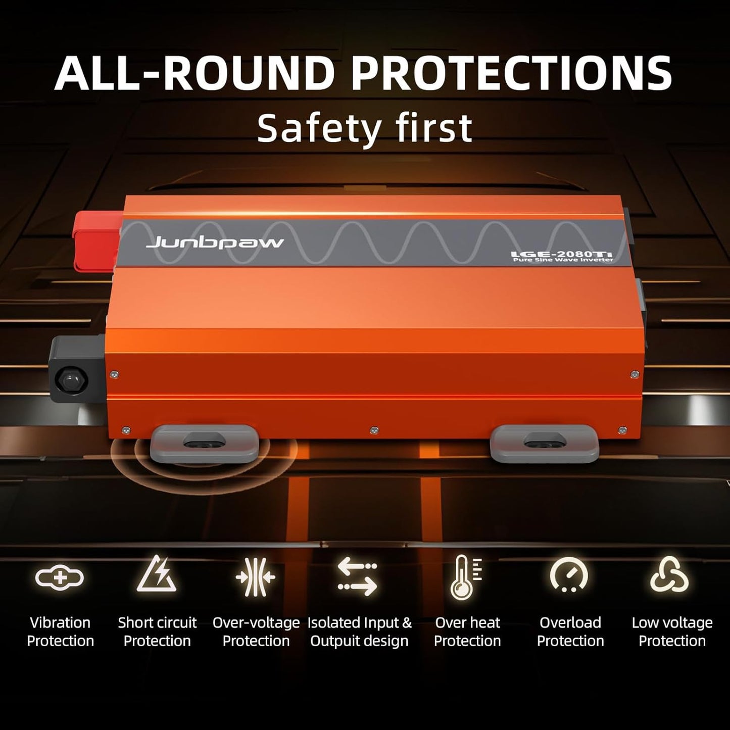 2080W Pure Sine Wave Inverter, 12V DC to 110V/120V AC, 6000W Peak, 5V/2.1A USB, Quiet Fan, Capacitor, Off-Grid Solar Power for RV, Camping, Emergency, Truck (LGE-24-2080TI)