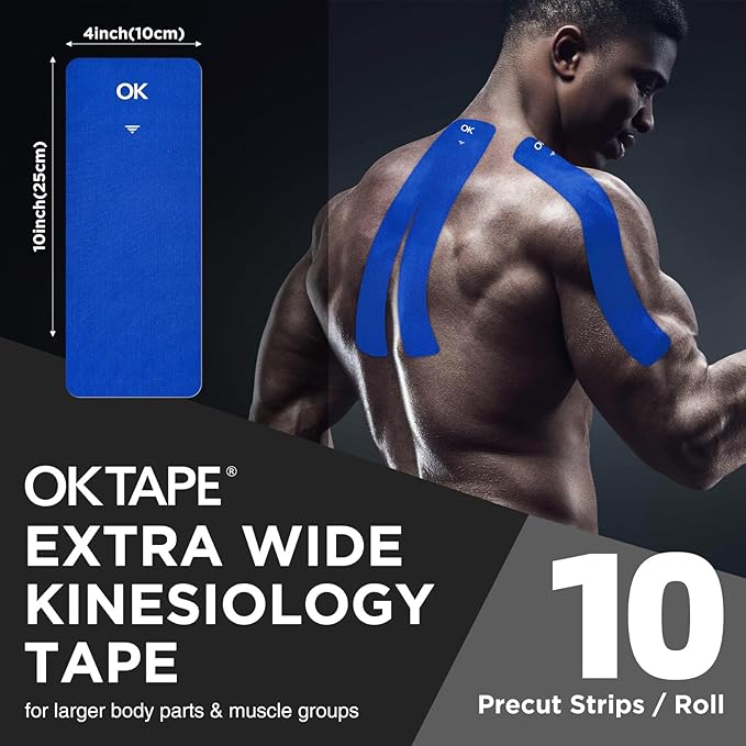 OK TAPE Extra Wide Kinesiology Tape, Precut K Tape Strips, Elastic Physical Therapy Athletic Tape for Pain Relief & Joint Support | Back, Shoulder, Knee (4" x 10" - 10Pcs) Navy Blue