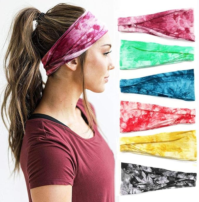 Huachi Women's Headbands Yoga Workout Exercise Headbands for Women Cute Elastic Hair Bands for Women’s Hair Tie Dye Bandeau Headband Sweatbands