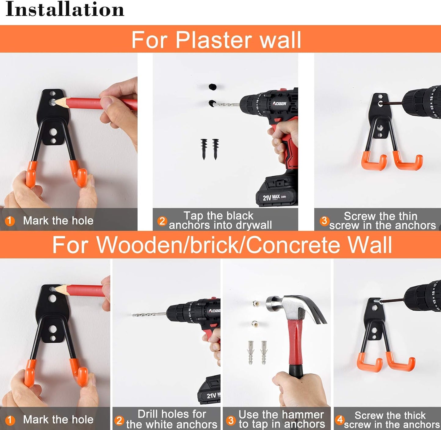 AOBEN Garage Hooks Heavy Duty, Steel Garage Storage Hooks, Utility Tool Hangers and Combinable Wall Mount for Organizing Ladder, Hold Chairs, Heavy Tools (Medium U, 10 Pack)