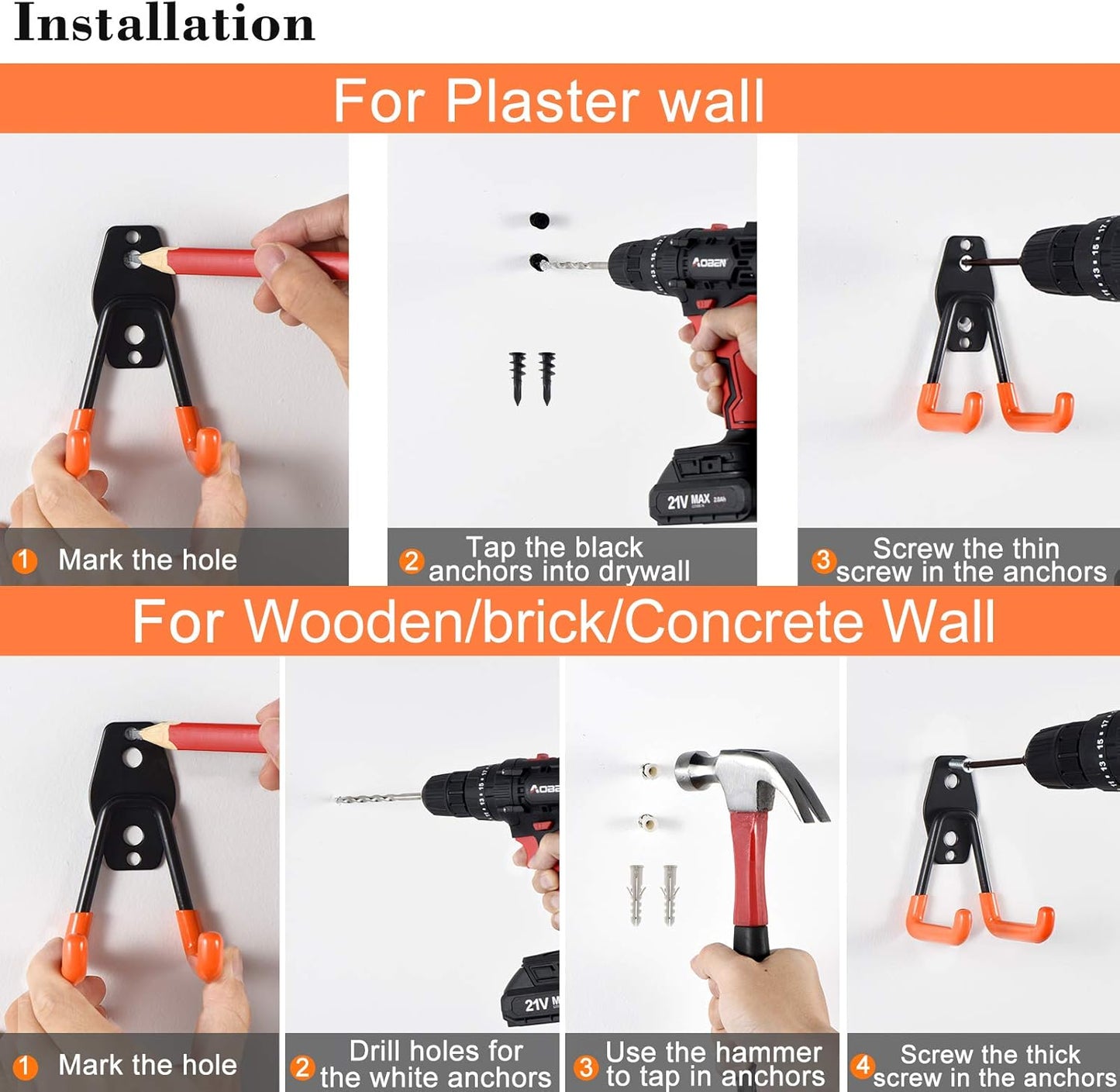 AOBEN Garage Hooks Heavy Duty, Steel Garage Storage Hooks, Utility Tool Hangers and Combinable Wall Mount for Organizing Ladders, Bikes, Hoses, and More Equipment (Small J, 10 Pack)