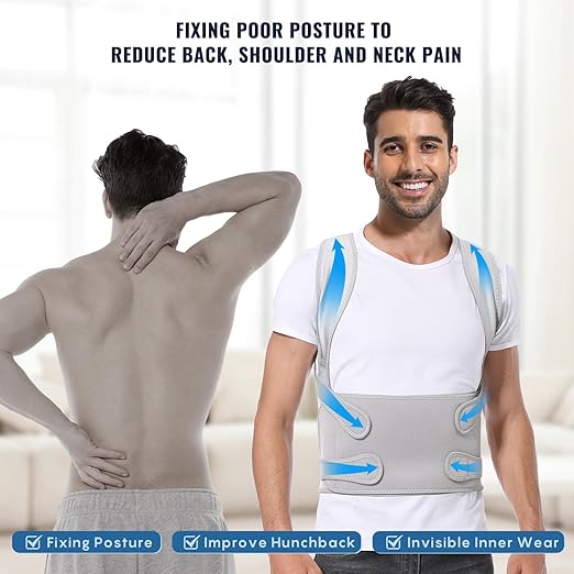 Fit Geno Back Brace Posture Corrector for Men & Women: Shoulder Straightener Adjustable Full Back Support Pain Relief - Scoliosis Hunchback Spine Corrector (Small), Gray