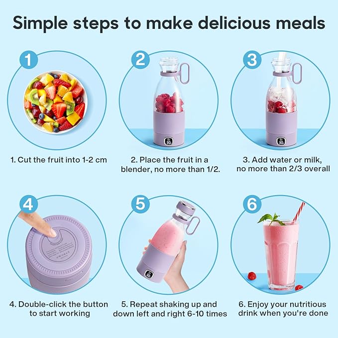 Portable Blender, MIAOKE 6 Blades Juicer Cup for Juice Shakes and Smoothies 350ml Mini Blender with Led Display Usb Rechargeable,3000Mah Rechargeable Battery, for Home Sports Outdoors Travel-Purple