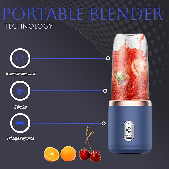 Paramexview® Portable Blender 14oz for Juices & Smoothies with 6 blades Puwerful performances Fusion Blender | USB Rechargeable, Lid, Cup included | Fit for travel and outdoor activities (Navy Blue)