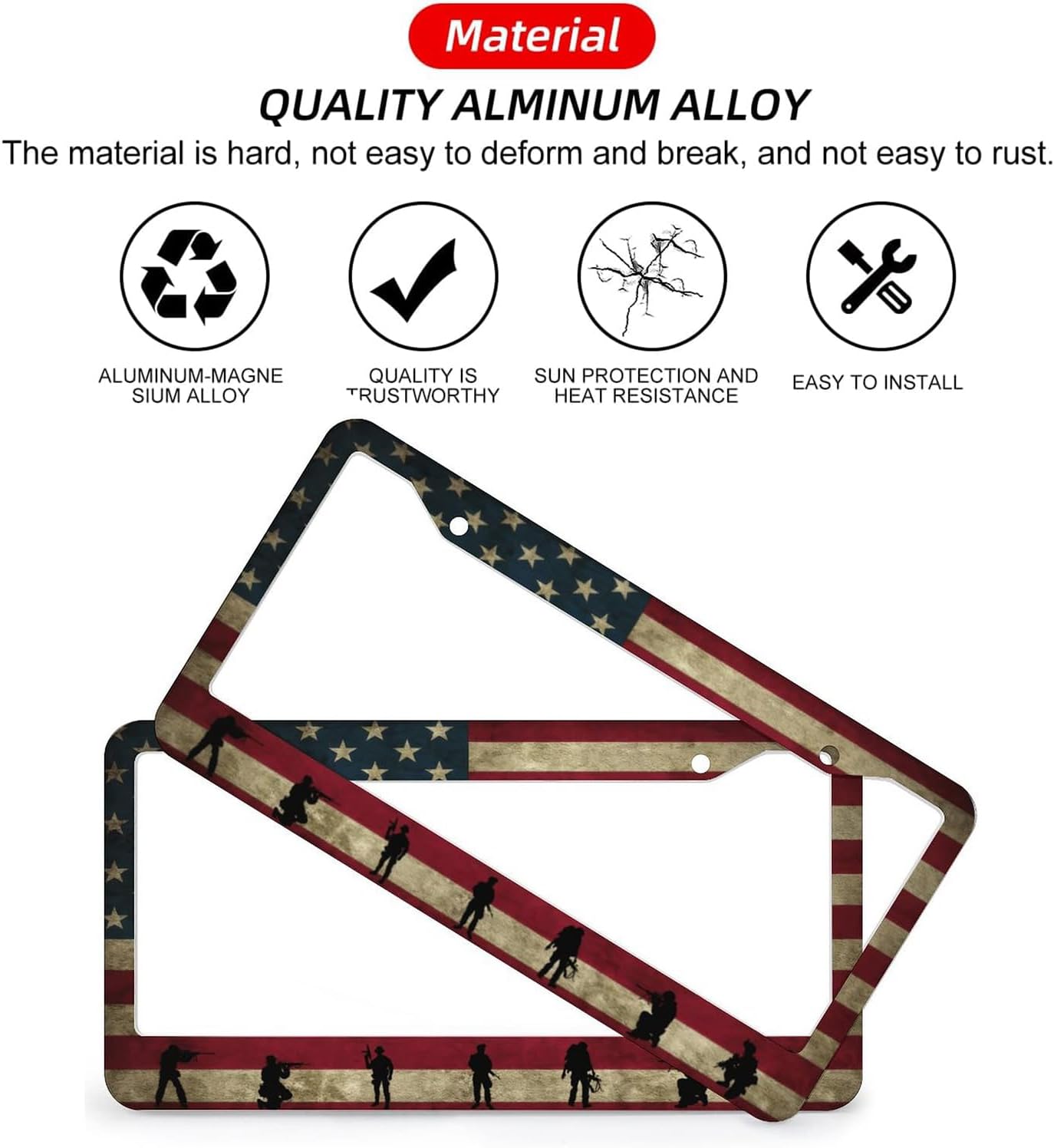 American Flag License Plate Frames - 2 Pcs Set 2 Holes Metal Aluminum Auto Car Accessories Decoration License Plate Frame 12.2 x 6.3 inch for Women Men Gift