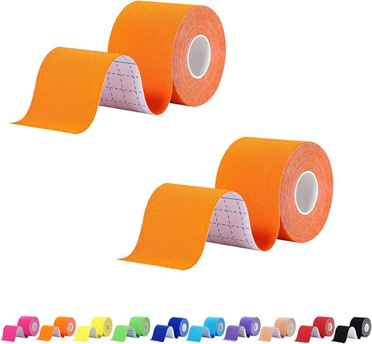 Pro Synthetic Kinesiology Tape 2 Rolls, Athletic Sports Tape for Muscle Joint Support, Pain Relief for Knee Elbow Wrist Ankle, 2 in x 16.4 Ft, Orange