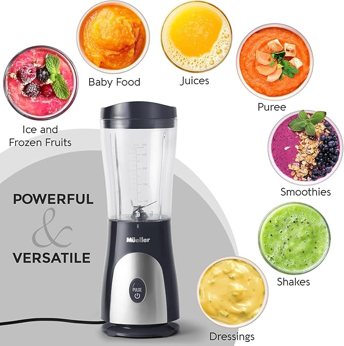 Mueller Smoothie Blender for Smoothies - Personal Blender for Shakes, Frozen Drinks, Baby Food & More, 15oz Travel Cup and Lid, Durable Stainless Steel Blades for Powerful Blending Performance