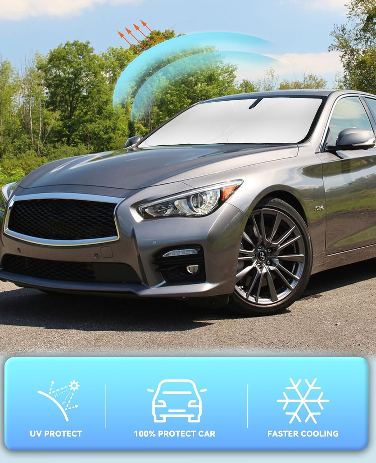 for Infiniti Q50 Windshield Sunshades for 2014-2024 2025 Infiniti Q50 Sedan Windshield Cover Foldable Front Window Shields 240T Coating Protector Sun Visor Blocks UV Rays Car Accessories