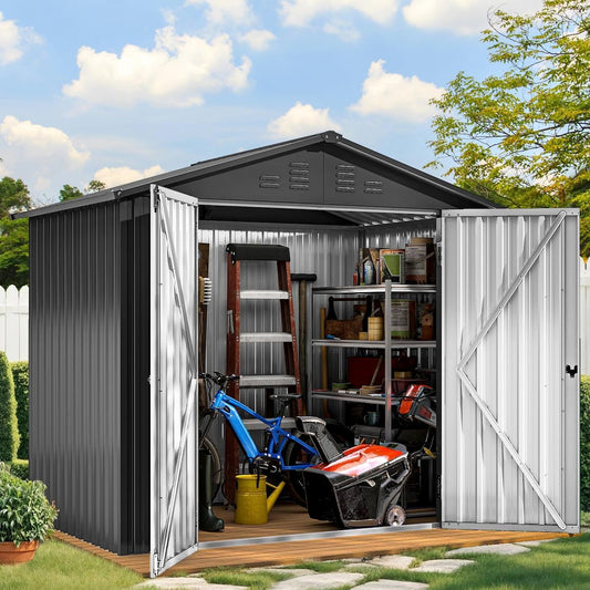DWVO 6x4ft Storage Shed for Outdoors, Metal Sturdy Weatherproof Tool Locker with Secure Door and Ventilation for Equipment, Mowers, Bikes, Outdoor Spaces, Dark Gray
