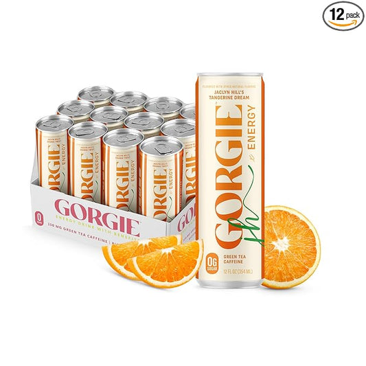 GORGIE Sugar Free Natural Energy Drinks, Jaclyn Hill Orange Twist (12 Pack) Healthy Sparkling Energy Drinks Natural Coffee Replacement with Green Tea Caffeine and Biotin, Vegan, Low Calorie