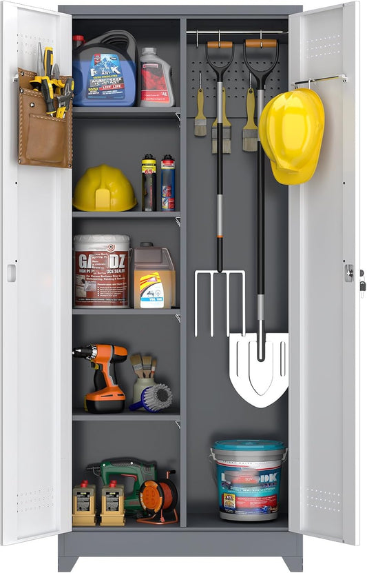 GREATMEET 72.8" H Metal Garage Storage Cabinets with Lock Door and Adjustable Shelves,Grey&White Broom Closet Storage Cabinet for Cleaning Supplies, Utility Closet for Garage, Bathroom,Kitchen,Home
