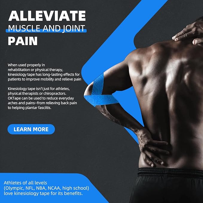 OK TAPE PRO Kinesiology Tape Uncut Roll, Elastic Physical Therapy Athletic Tape for Pain Relief, Muscle Support, Kinetic Tape, Water Resistant, 2in X 16.4ft -Blue 2 Rolls