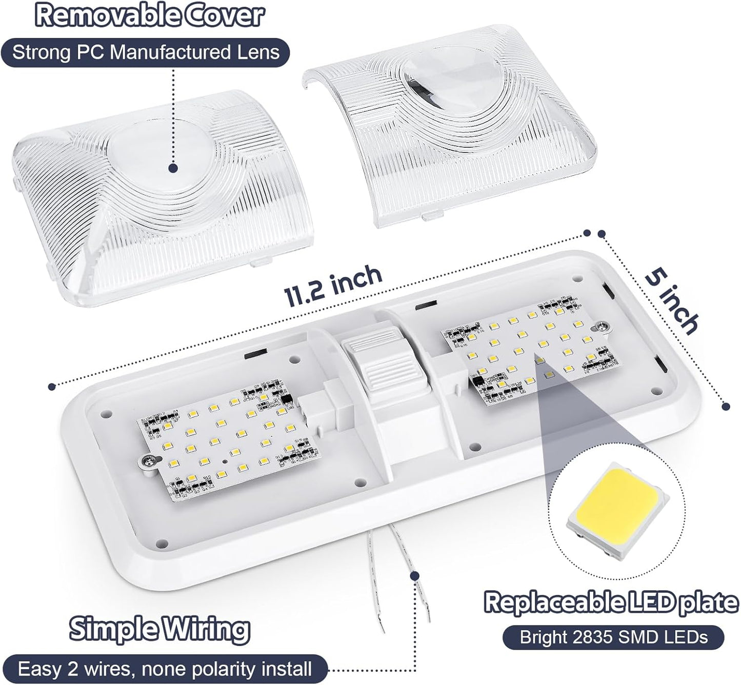 1 Pack RV Lights Interior 12V Led 8W Ceiling Double Dome Camper Light 600 Lumen Brightness Light Fixture for RV Camper Trailer Boat Car, Natural White 4000-4500K, 48 X 2835 SMD LED