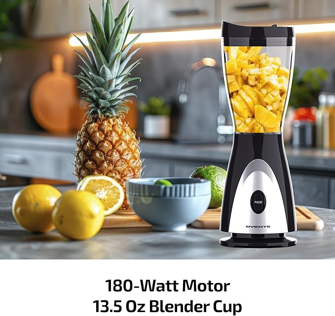 OVENTE Portable Personal Blender for Shakes, Smoothies or Frozen Drinks with 13.5 Oz BPA Free Travel Cup and Lid, Durable Stainless Steel Blades for Powerful Blending Performance, Black BLH1001B
