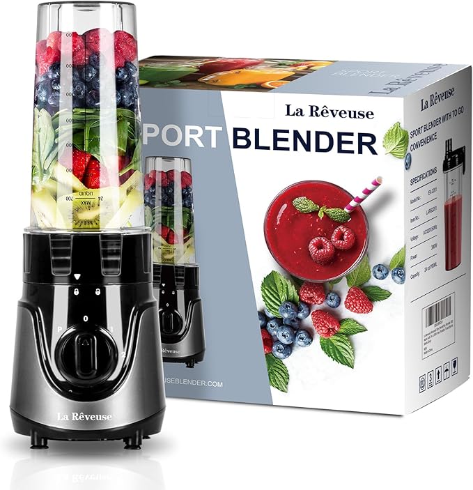La Reveuse Personal Size Smoothies Blender 300 Watts with 24 oz BPA-Free Portable Travel Sports Bottle (Grey)