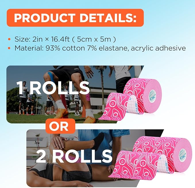 OK TAPE PRO Kinesiology Tape, 2inch x Long Roll 16ft Free Cut Tape, Elastic Athletic Tape Therapeutic Latex Free, Pink+White