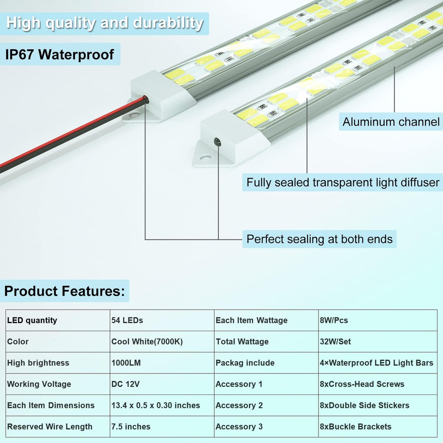 12V LED Light Bar Waterproof, 12V LED Light Strip 54 LEDs 7000K White Color Enclosed Trailer Interior DIY Cabinet LED Light Strip for Car,Trailer,Motorhome,Van,RV,Truck Bed Lights(4 Pack)