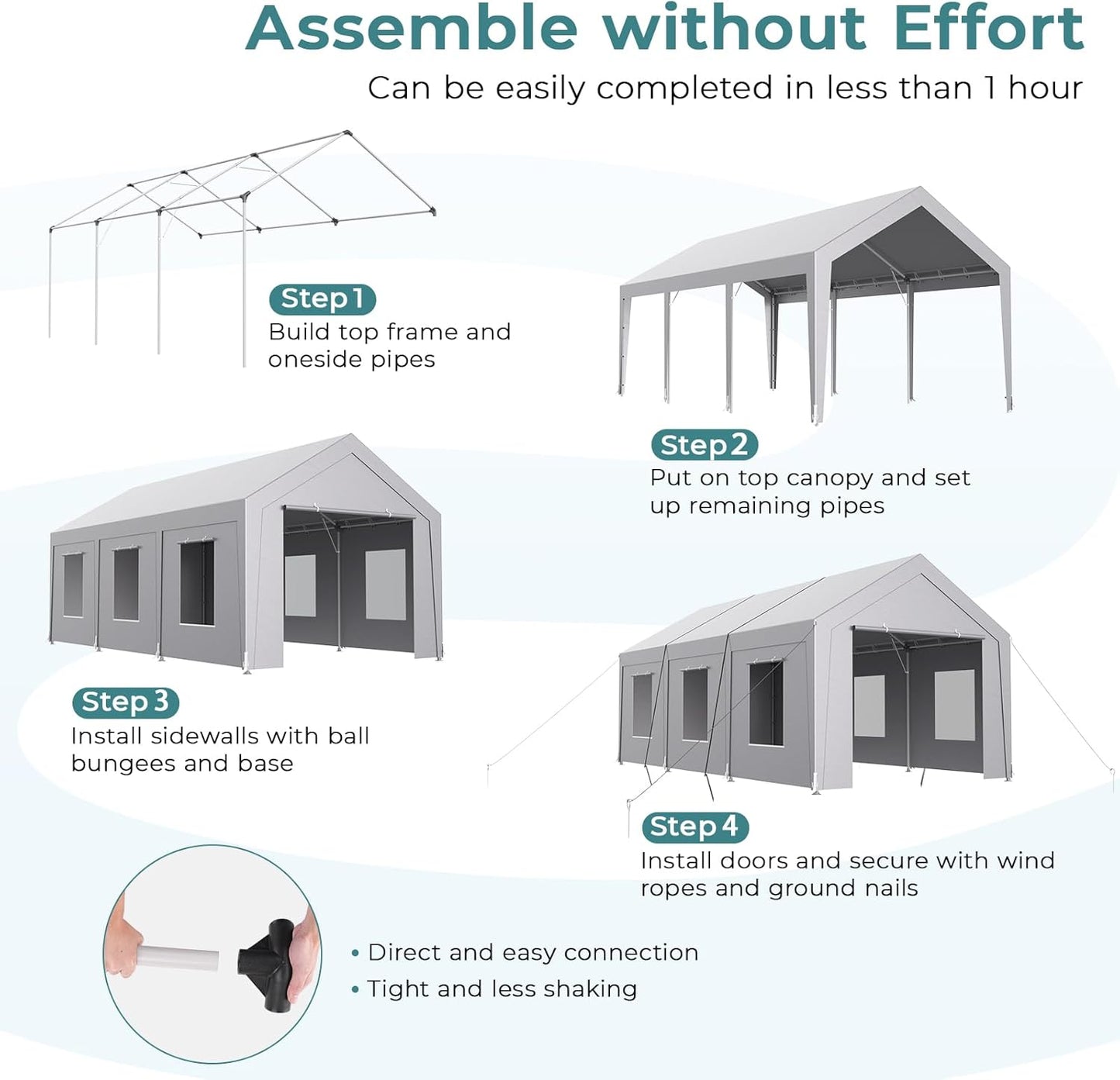Carport 10x20 ft Heavy Duty, Car Port with Reinforced Steel Frame and 6 Roll-up Windows, Portable Garage with Sturdy Ground Nails, Waterproof All-Season Car Canopy for Boat, Truck, Grey