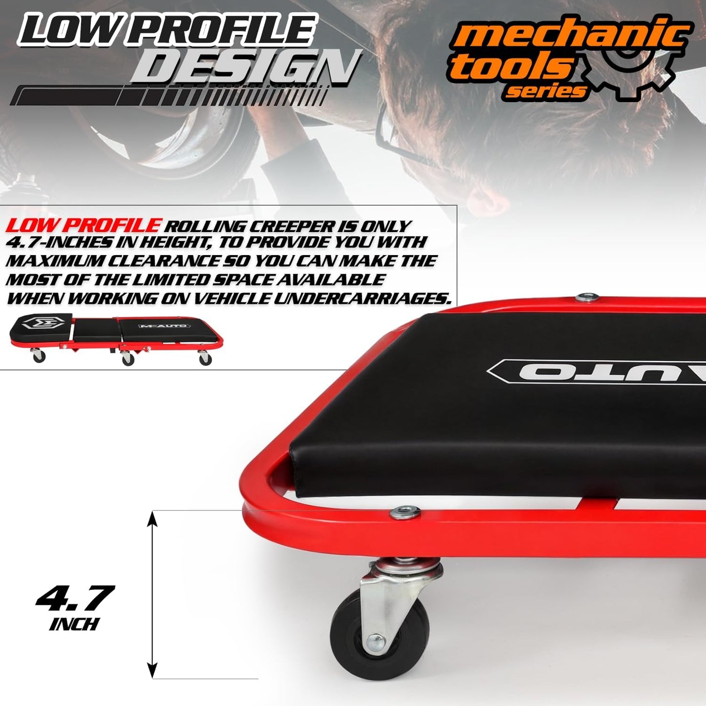 M-AUTO 40-Inch Folding Creeper Rolling Seat, All-in-One Adjustable Roller Garage Chair, Lay Down or Sit, 330LBS Capacity Under Car Roller Creeper with 6 Swivel Casters, Red