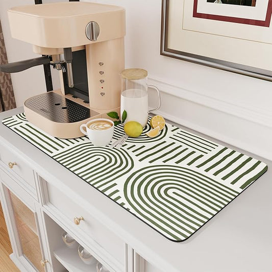 AMOAMI Coffee Mat Hide Stain Rubber Backed Absorbent Dish Drying Mat for Kitchen Counter - Fits Under Coffee Maker or Machine - Green Line 17x31.5