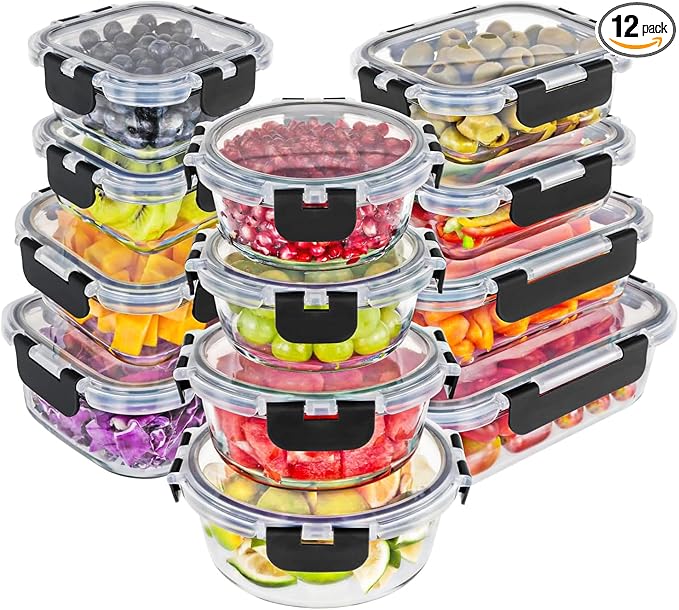 Magic Mill Glass Storage Containers with lids Set | Ultimate 24pc Sets with 12 Food Storage Containers & 12 Airtight Locking Lids for Lunch, Meal Prep, Fridge, Freezer, and Dishwasher Safe, BPA-Free