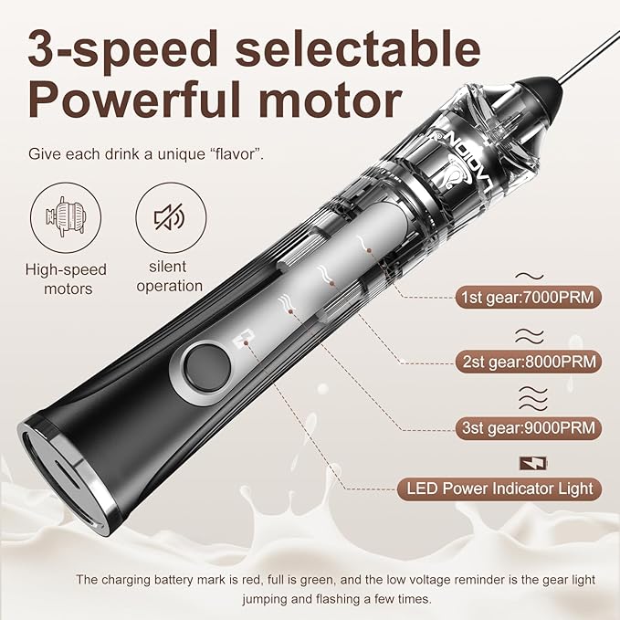Rechargeable Frother Wand with Stand, Milk Frother with Detachable Stainless Steel Double Rings Whisk, 3-Speed Handheld Electric Drink Mixer for Lattes, Cappuccino, Coffee