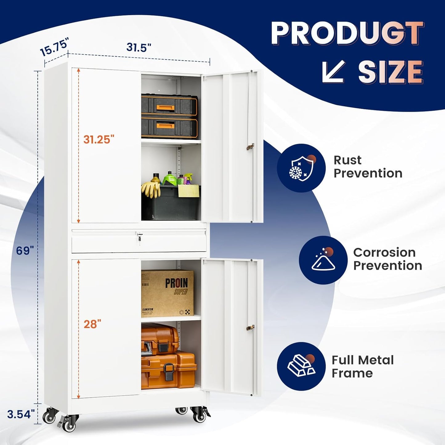 Yizosh Metal Garage Storage Cabinet with Locking Doors and Adjustable Shelves, 73" Rolling Tool Storage Cabinet with 4 Wheels and 1 Drawer for Garage,Warehouse