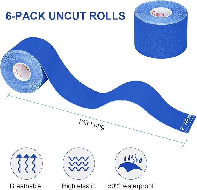 Kinesiology Tape Athletic Tape Sport Tape, Lychee Supports & Protects Muscles, Waterproof and Latex Free, Breathable Elastic for Sport Activity, No Precut (Dark Blue, 6 Rolls)