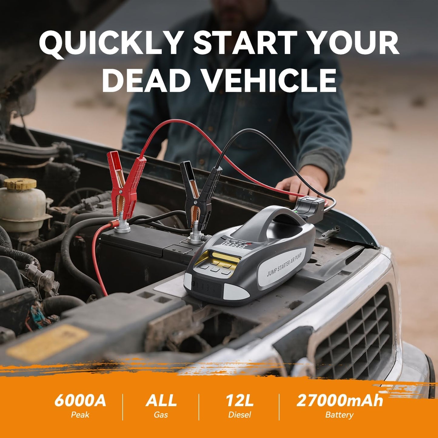6000A Jump Starter with Air Compressor, 27000mAh 160PSI Portable Car Battery Jump Starter, 12V Battery Pack (All Gas 12L Diesel)