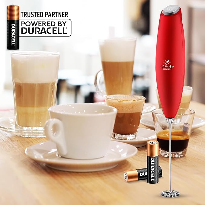 Zulay Kitchen Milk Frother Wand Drink Mixer with AA Duracell Batteries- Durable Handheld Milk Frother Electric Whisk - Easy-Clean Milk Frother Wand & Mini Blender - Electric Coffee Frother - Red