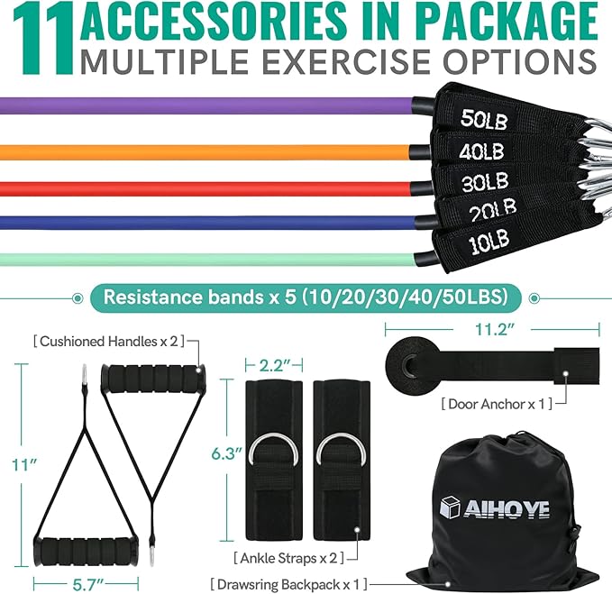 Aihoye Resistance Bands for Working Out, Exercise Bands with Handles, Stretch Bands for Exercise, Workout Bands with Door Anchors for Physical Therapy & Strength Training