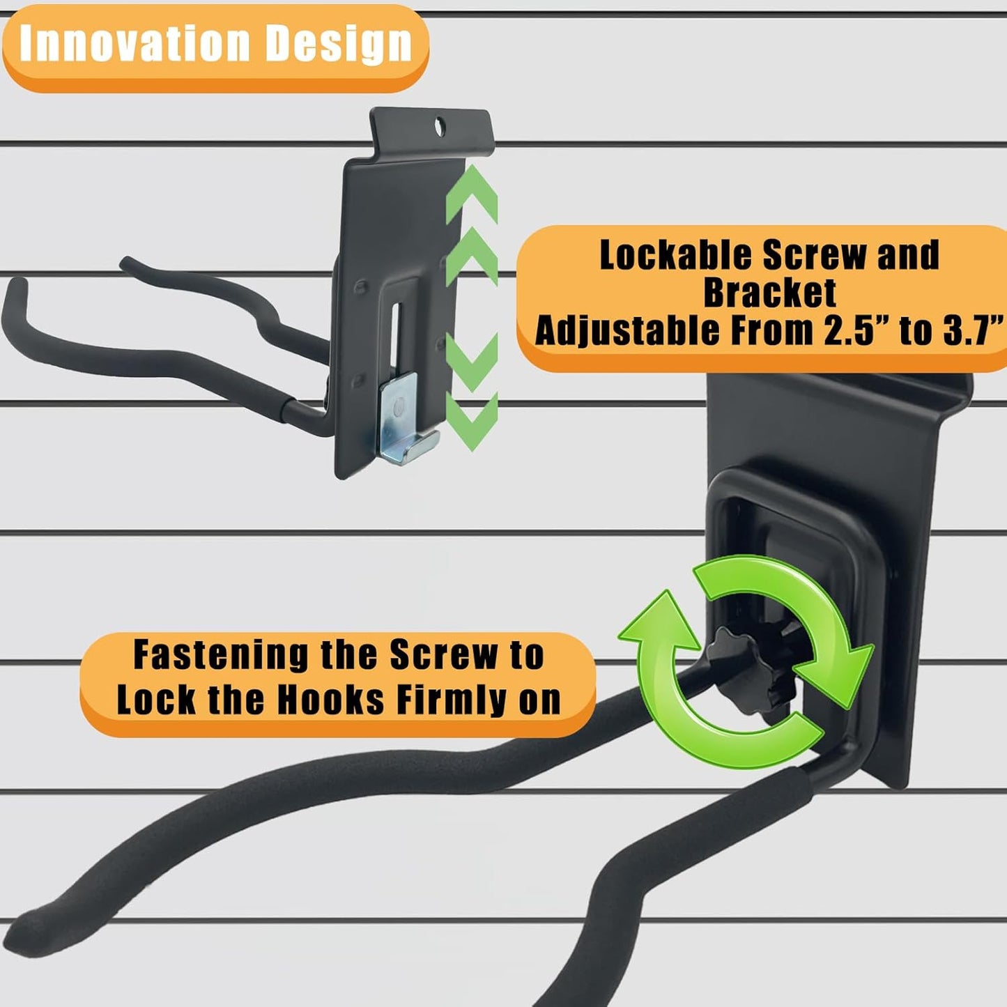 Adjustable Slatwall Hooks, Lockable Slatwall Weedeater Hanger, String Trimmer Hanger, Power Tool Hanger for slatwall Accessories, Utility Hooks for Garage Storage 8"" 4 Pcs, Black