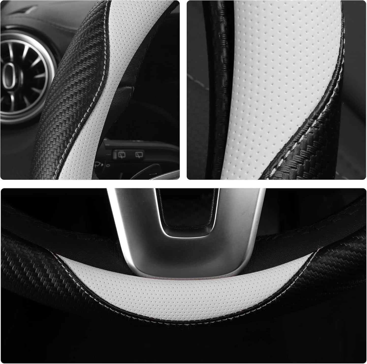 Car Steering Wheel Covers for Women Padded Carbon Fiber PU Leather Cute Auto Interior Accessories for Vehicle, Sedan, Universal, Anti Slip, White, Standard Size 14.5-15"(37-38cm)