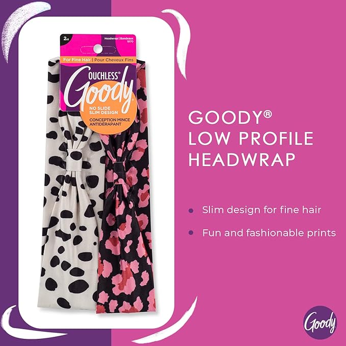GOODY Low Profile Headwraps - 2 Count, Cheetah - Comfortable and Stylish Fabric Won't Pull, Snag or Damage Your Hair - Pain-Free Hair Accessories for Women, Men, Boys and Girls (Pack of 2)