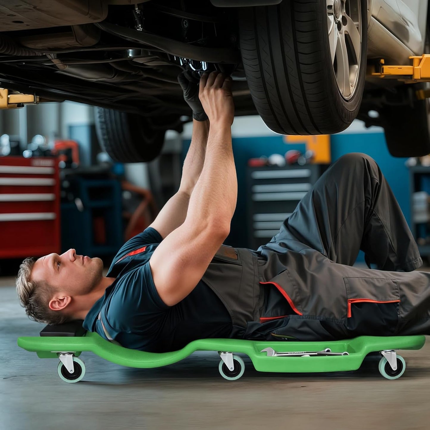 Magshion Mechanic Creeper with Padded Headrest & Tool Trays – 440 lbs Capacity, Rolling Garage Creeper with 6 Swivel Wheels, Lightweight & Portable Under Car Creeper for Auto Repair (Green)