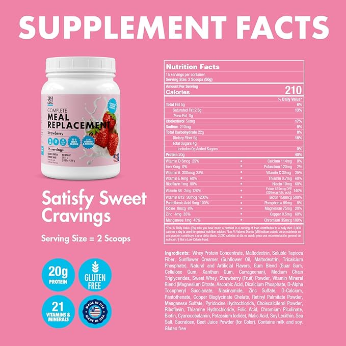 Yes You Can! Meal Replacement Shake - 20G Protein, 5G Fiber, 21 Vitamins & Minerals - Meal Replacement Protein Powder - Complete All-in-One Nutrition - 15 Servings (Strawberry) - 2 Pack
