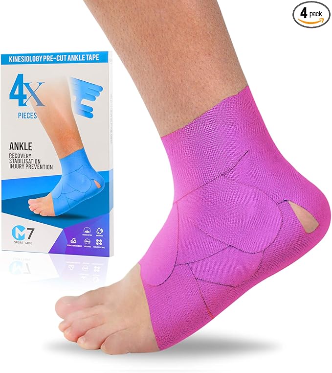 M7 Sport Kinesiology Ankle Tape for Ankle Sprain and Injury Recovery, Pain Relief Therapeutic Tape, Ankle Brace Compression Support, Plantar Fasciitis, Waterproof, Eases Swelling (Pink, 4-Pack)