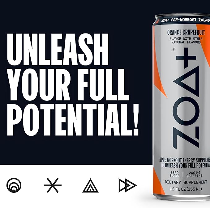 ZOA+ Pre-Workout Energy Drink Supplement - NSF Certified for Sport with Zero Sugar, Nitric Oxide Support, B & D Vitamins, Amino Acids, and Electrolytes (Orange Grapefruit)