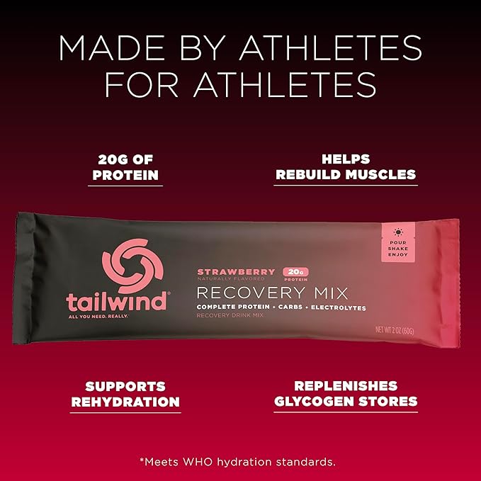 Tailwind Nutrition Recovery Mix, 20 Grams Complete Protein, Carbohydrates, and Electrolytes Powder Drink Mix for Post-Workout, Free of Gluten, Soy, and Dairy, Vegan, 12 Servings, Strawberry