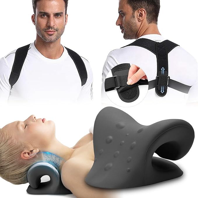 Neck Stretcher & Posture Corrector for Women and Men, FSA HSA Eligible, Cervical Traction for Spine Alignment, Adjustable Upper Back Brace & Elastic Support for Shoulder Back Pain Relief (Black)