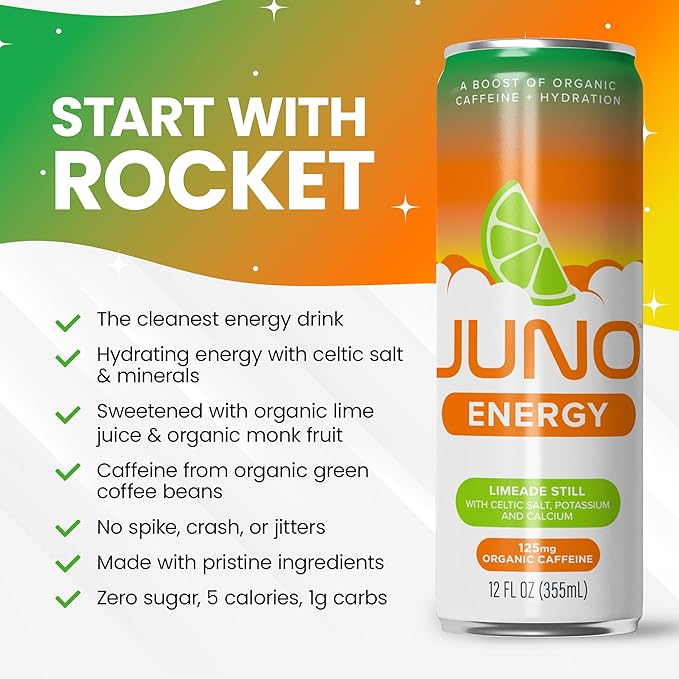 JUNO ENERGY Limeade Still Drink - Sugar Free Electrolytes 125mg Organic Caffeine from Green Coffee Beans, Hydrating with Monk Fruit Sweetener, Organic Lime Juice - Vegan, Gluten Free, 12 Pack
