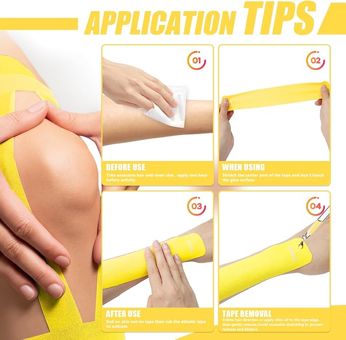 CKeep 4 Rolls Kinesiology Tape, Original Cotton Elastic Athletic Tape, 20 Precut 10" Strips Each,Yellow, Ideal for Muscle Support & Injury Prevention