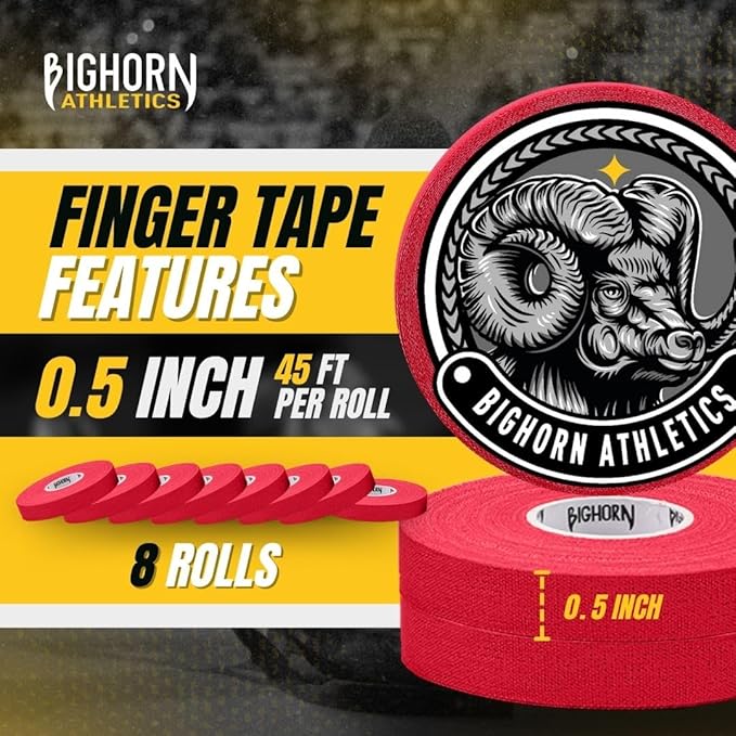 Bighorn Athletics Jiu Jitsu Finger Tape, Rock Climbing Tape | Multipurpose for Sports & Injuries: MMA, Volleyball, Football, Basketball, Tennis, Golf, Hands & Toes, 0.5-Inch x 45-feet, 8-Rolls, Red