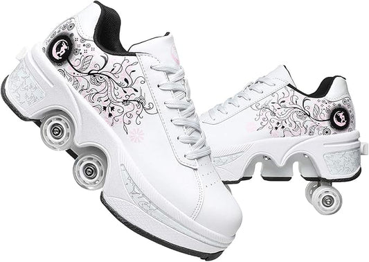 Double-Row Deform Wheel Automatic Walking Shoes Invisible Deformation Roller Skate 2 in 1 Removable Pulley Skates Skating Parkour