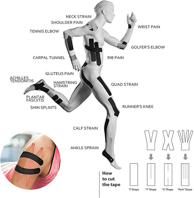 4 Rolls Kinesiology Tape, Waterproof Breathable Muscle Tape Athletic Elastic Tape 16.5ft Uncut Rolls for Knee Pain, Elbow & Shoulder Muscle for Sport Gym Fitness Running, Black