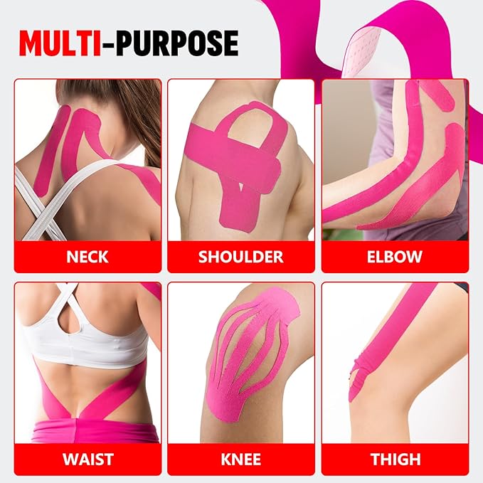 60PCS Precut Kinesiology Tape Strips, 2 inch x 10 inch Athletic Tape, Kinetic Tape, Elastic Muscle Tape, Sports Tape, Knee Tape for Exercise and Daily Use - Rose Red